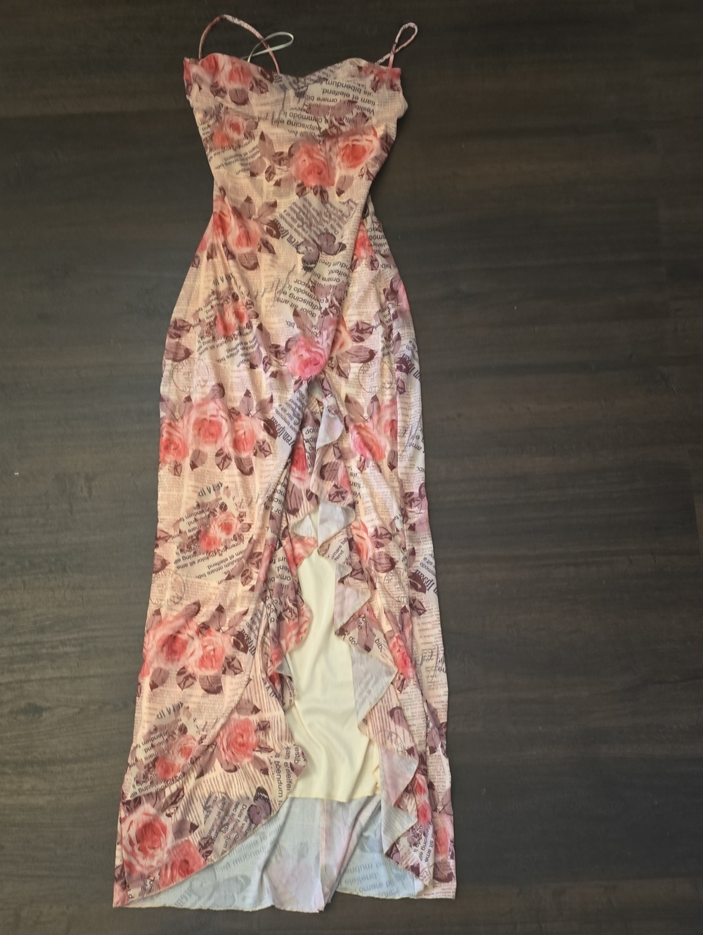 Fashion Nova Pink Floral Newspaper Print Maxi Dress